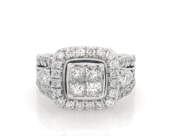 Previously Owned Princess-Cut Quad Diamond Halo Bridal Set 1-7/8 ct tw 14K White Gold Size 5.25
