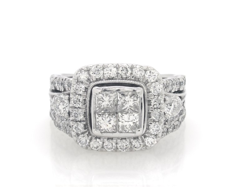 Main Image 1 of Previously Owned Princess-Cut Quad Diamond Halo Bridal Set 1-7/8 ct tw 14K White Gold Size 5.25