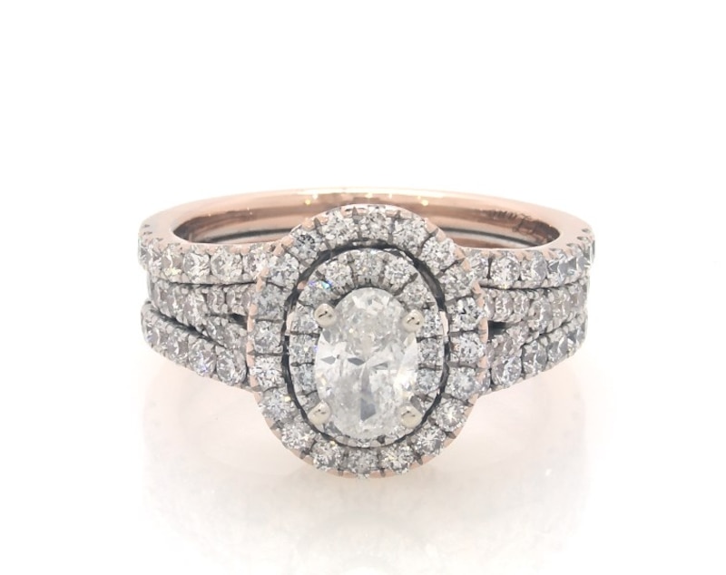 Main Image 1 of Previously Owned Neil Lane Oval-Cut Diamond Halo Bridal Set 1-1/2 ct tw 14K Two-Tone Gold Size 6.25