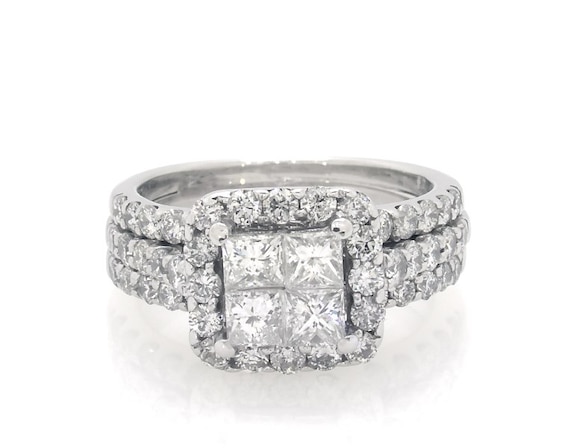 Previously Owned Princess-Cut Quad Diamond Cushion Halo Bridal Set 2 ct tw 14K White Gold 6.5
