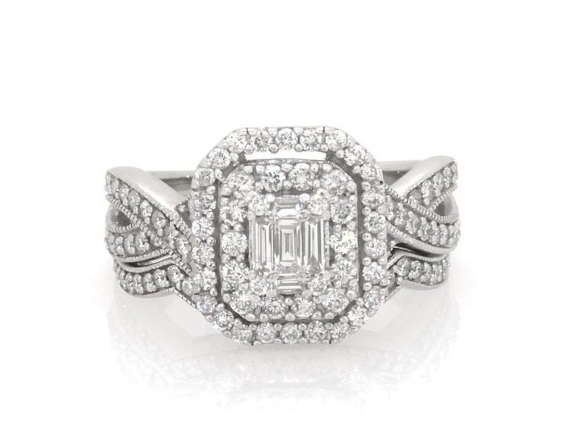 Main Image 1 of Previously Owned Baguette-Cut Diamond Double Halo Bridal Set 1-1/8 ct tw 14K White Gold Size 7.75
