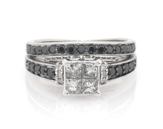 Previously Owned Princess-Cut Quad White & Black Diamond Bridal Set 1-1/5 ct tw 14K White Gold Size 6.5