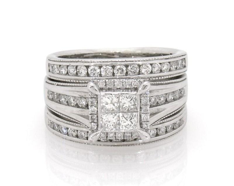 Main Image 1 of Previously Owned Princess-Cut Quad Diamond Bridal Set 1-1/6 ct tw 14K White Gold Size 6