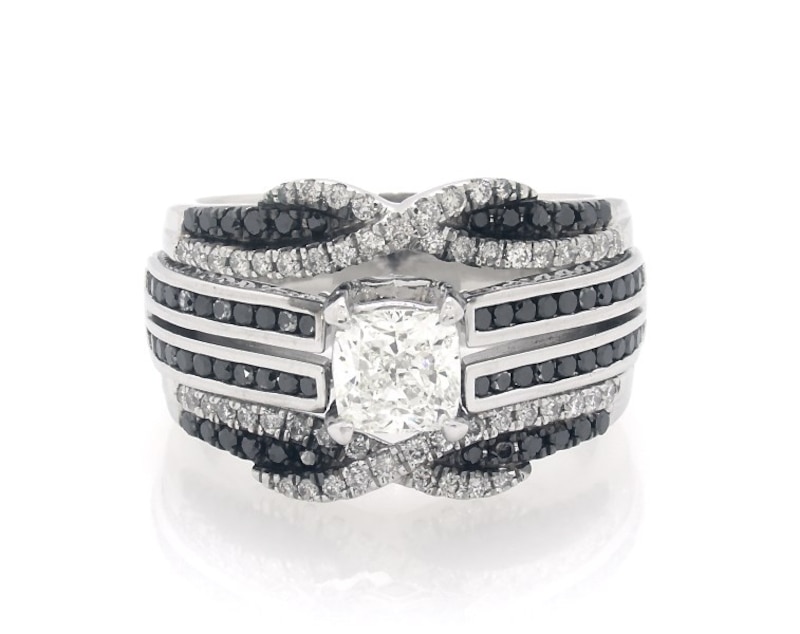 Main Image 1 of Previously Owned Cushion-Cut Black & White Diamond Bridal Set 1-7/8 ct tw 14K White Gold Size 7.5
