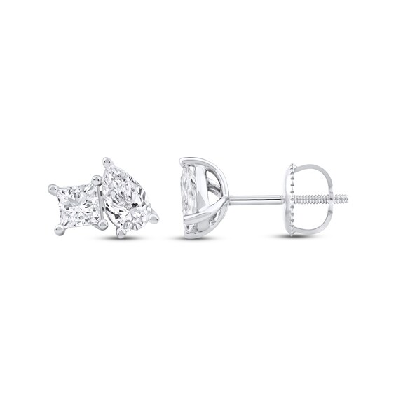Previously Owned Toi et Moi Lab-Grown Diamond Princess-Cut & Pear-Shaped Stud Earrings 1 ct tw 14K White Gold