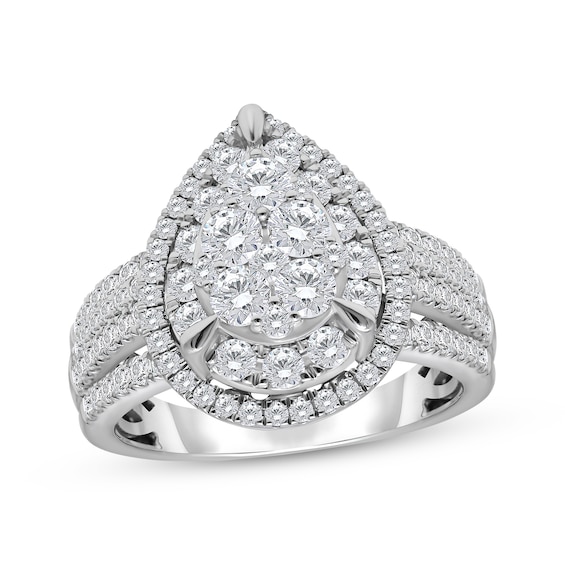 Previously Owned Multi-Diamond Double Pear Halo Round-Cut Engagement Ring 2 ct tw 10K White Gold