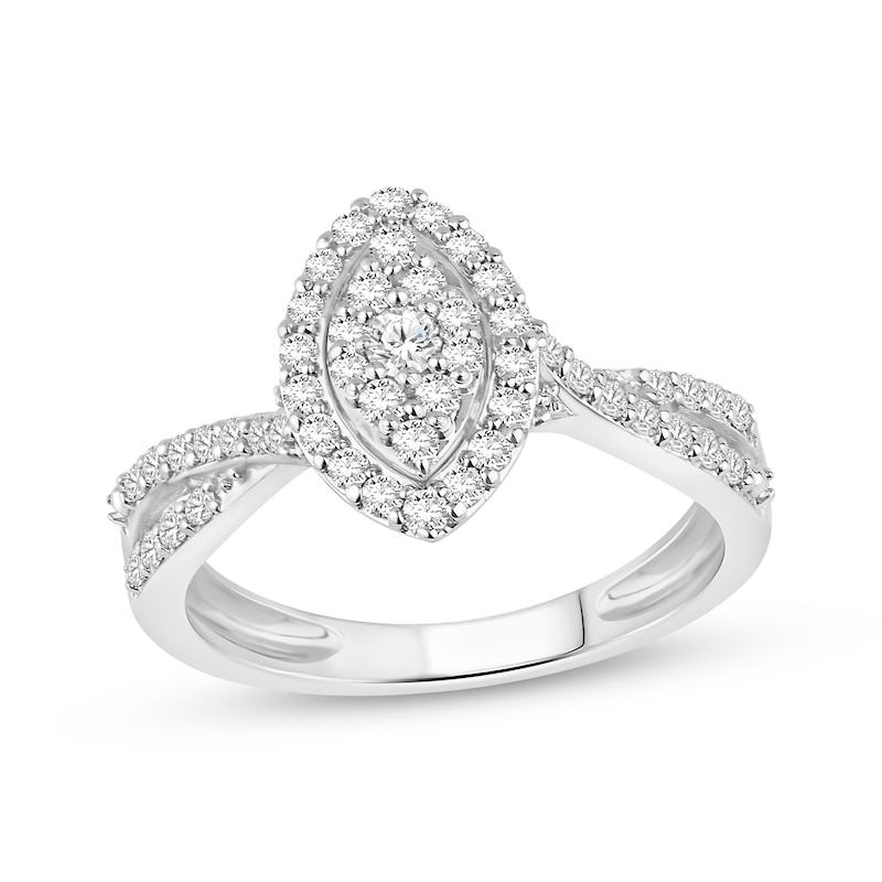 Main Image 1 of Previously Owned Multi-Diamond Marquise-Shaped Halo Round-Cut Engagement Ring 1/2 ct tw 14K White Gold