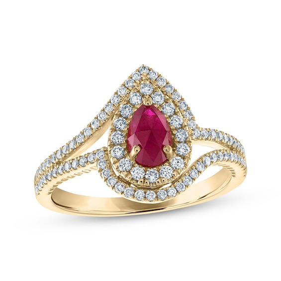 Previously Owned Greenland Rubies Collection Pear-Shaped Natural Ruby & Lab-Grown Diamond Ring 3/8 ct tw 14K Yellow Gold