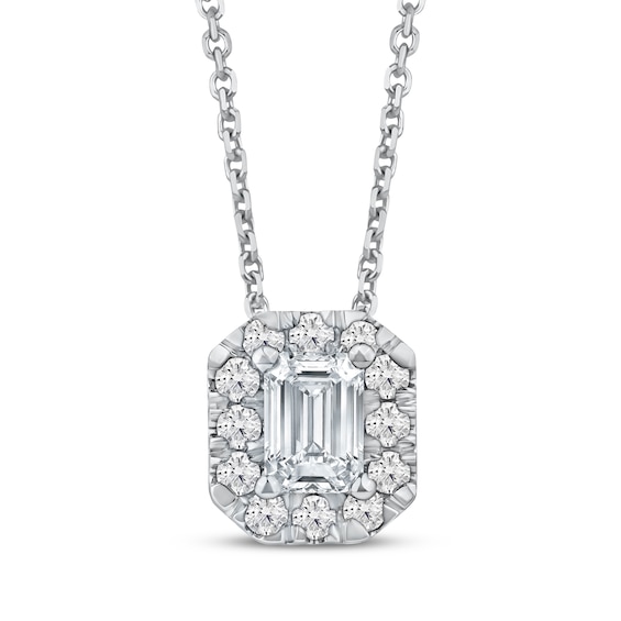 Previously Owned KAY Lab-Grown Diamonds Emerald-Cut Halo Necklace 1/2 ct tw 10K White Gold 18"