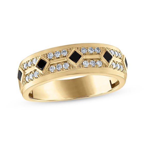 Previously Owned Men’s Square Cut Black & Round-Cut White Diamond Wedding Band 5/8 ct tw 10K Yellow Gold