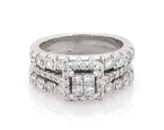 Previously Owned Princess-Cut Quad Diamond Halo Bridal Set 1-1/3 ct tw 14K White Gold 4.75