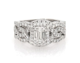 Previously Owned Baguette-Cut Multi-Diamond Halo Bridal Set 1-1/4 ct tw 14K White Gold Size 6.25