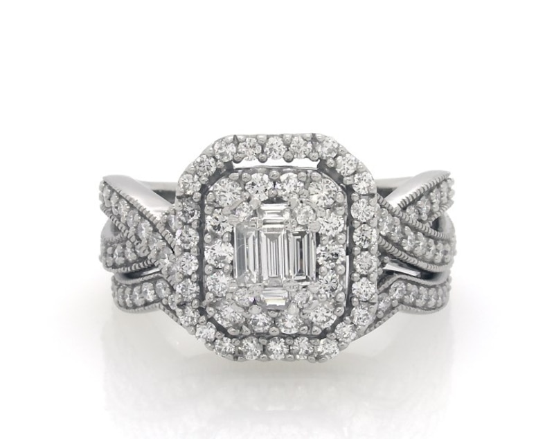 Main Image 1 of Previously Owned Baguette-Cut Diamond Double Halo Bridal Set 1-1/8 ct tw 14K White Gold Size 9.25