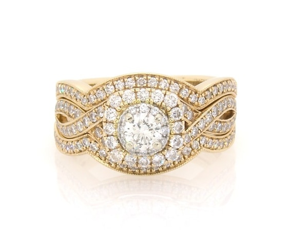 Previously Owned Neil Lane Round-Cut Diamond Double Halo Bridal Set 1 ct tw 14K Two-Tone Gold Size 6.25