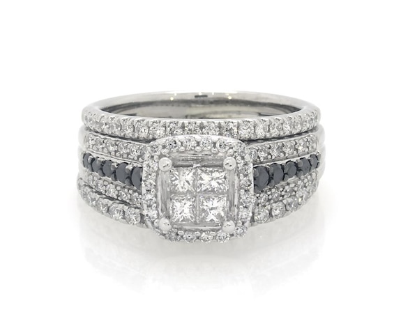 Previously Owned Princess-Cut Quad Black & White Diamond Halo Bridal Set 1 ct tw 10K & 14K White Gold Size 6.5