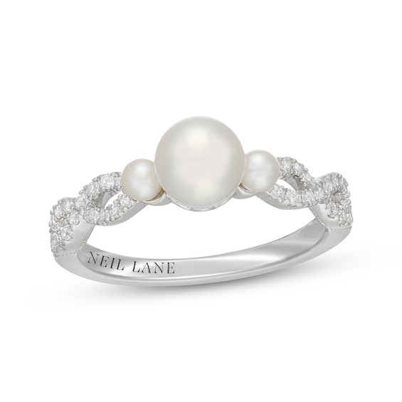 Previously Owned Neil Lane Cultured Akoya Pearl & Diamond Three-Stone Engagement Ring 1/4 ct tw 14K White Gold