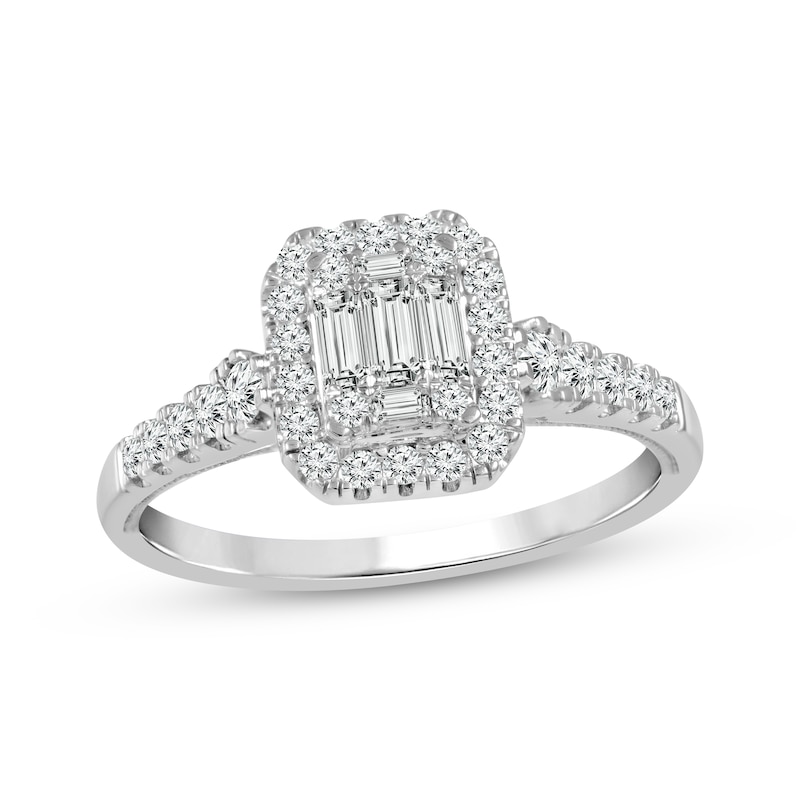 Main Image 1 of Previously Owned Baguette & Round-Cut Multi-Diamond Halo Engagement Ring 1/2 ct tw 14K White Gold
