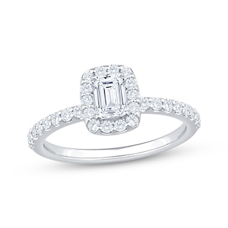 Previously Owned Lab-Grown Diamonds Emerald-Cut Halo Engagement Ring 1 ct tw 14K White Gold