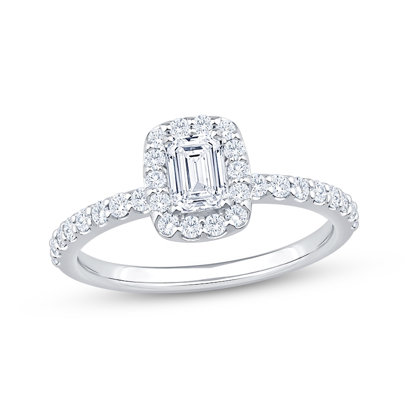 Main Image 1 of Previously Owned Lab-Grown Diamonds Emerald-Cut Halo Engagement Ring 1 ct tw 14K White Gold