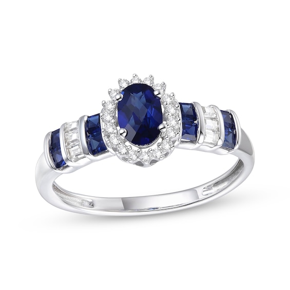 Previously Owned Oval-Cut Natural Blue Sapphire & Diamond Halo Ring 1/10 ct tw 10K White Gold