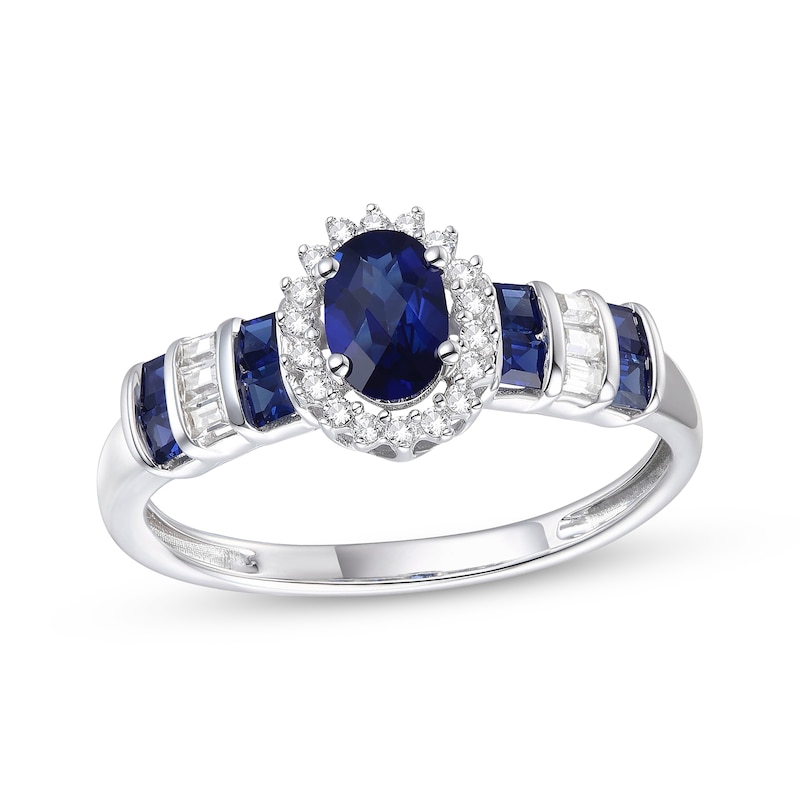 Main Image 1 of Previously Owned Oval-Cut Natural Blue Sapphire & Diamond Halo Ring 1/10 ct tw 10K White Gold