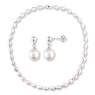 Cultured Pearl Necklace & Earrings Gift Set Sterling Silver