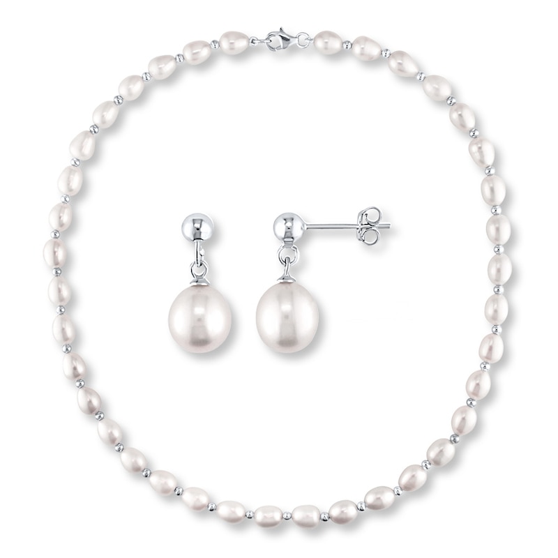 Cultured Pearl Set Necklace & Earrings Sterling Silver