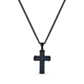 Men's Black Diamond Cross Necklace 1/4 ct tw Black & Blue Ion-Plated Stainless Steel 24"