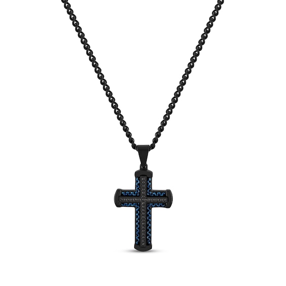 Kay Men's Black Diamond Cross Necklace 1/4 ct tw Black & Blue Ion-Plated Stainless Steel 24"