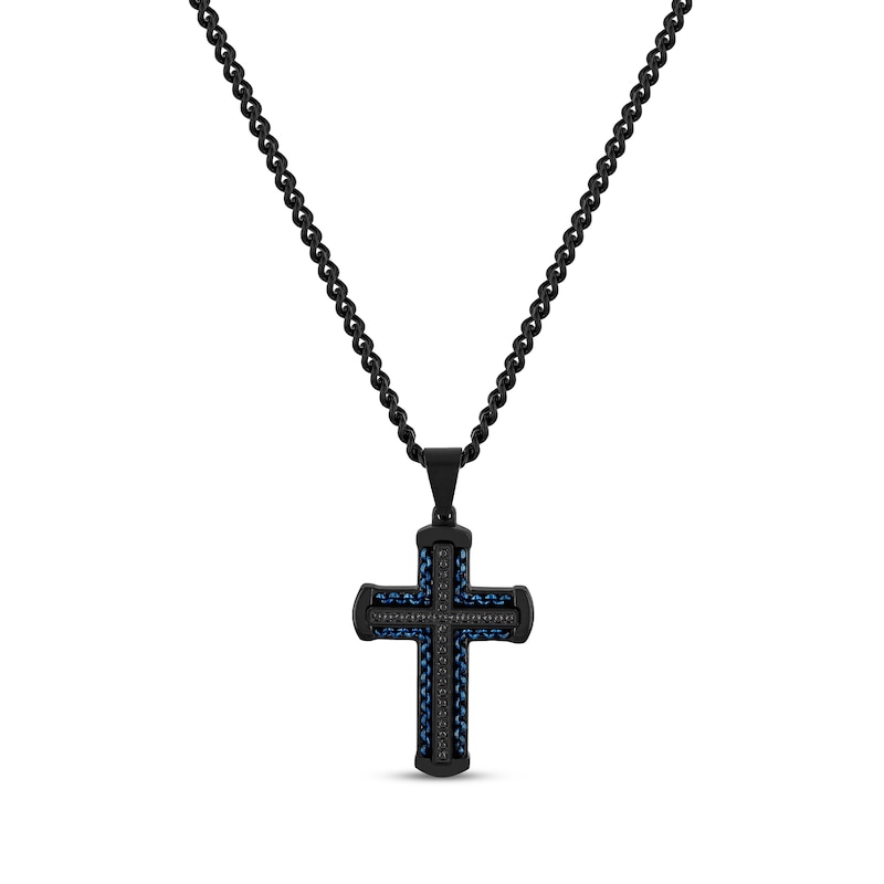 Men's Black Diamond Cross Necklace 1/4 ct tw Black & Blue Ion-Plated Stainless Steel 24"