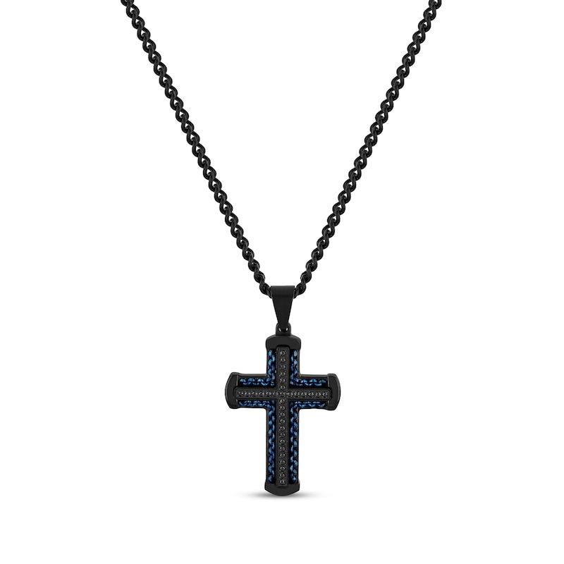 Main Image 1 of Men's Black Diamond Cross Necklace 1/4 ct tw Black & Blue Ion-Plated Stainless Steel 24&quot;