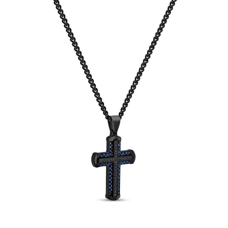Main Image 2 of Men's Black Diamond Cross Necklace 1/4 ct tw Black & Blue Ion-Plated Stainless Steel 24&quot;