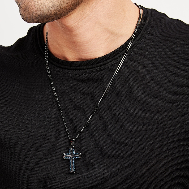 Main Image 4 of Men's Black Diamond Cross Necklace 1/4 ct tw Black & Blue Ion-Plated Stainless Steel 24&quot;