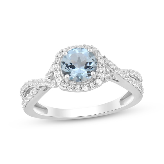 Aquamarine & White Lab-Created Sapphire Cushion Frame Ring Sterling Silver