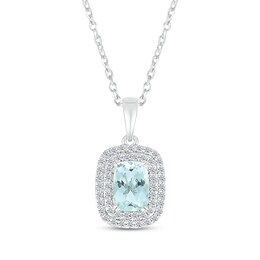 Cushion-Cut Aquamarine & White Lab-Created Sapphire Double Halo Necklace Sterling Silver 18"