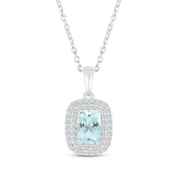 Cushion-Cut Aquamarine & White Lab-Created Sapphire Double Halo Necklace Sterling Silver 18"