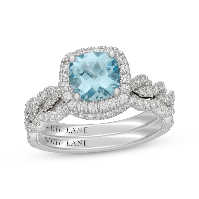 Main Image 1 of Neil Lane Cushion-Cut Aquamarine & Diamond Halo Bridal Set 5/8 ct tw Diamonds 14K White Gold