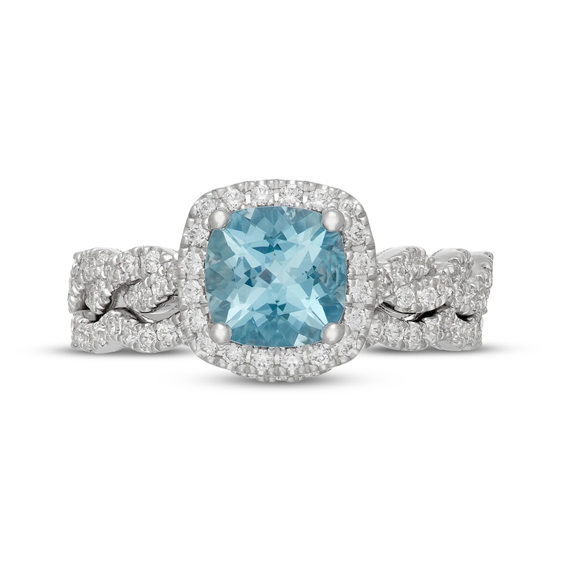 Main Image 3 of Neil Lane Cushion-Cut Aquamarine & Diamond Halo Bridal Set 5/8 ct tw Diamonds 14K White Gold