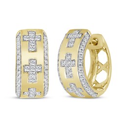 Men's Diamond Cross Huggie Hoop Earrings 1/3 ct tw 10K Yellow Gold