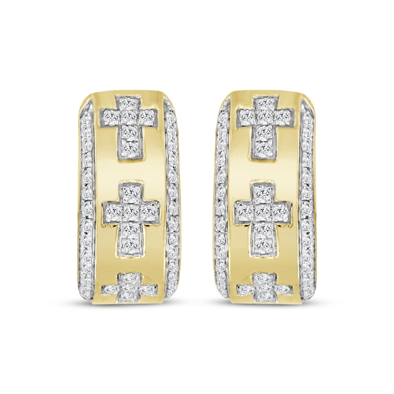 Main Image 2 of Men's Diamond Cross Huggie Hoop Earrings 1/3 ct tw 10K Yellow Gold