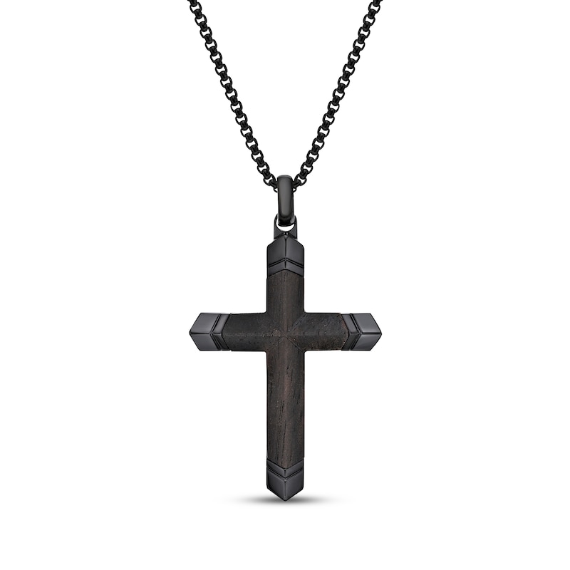 Main Image 1 of Men's Wood Cross Necklace Black Ion-Plated Stainless Steel 24"