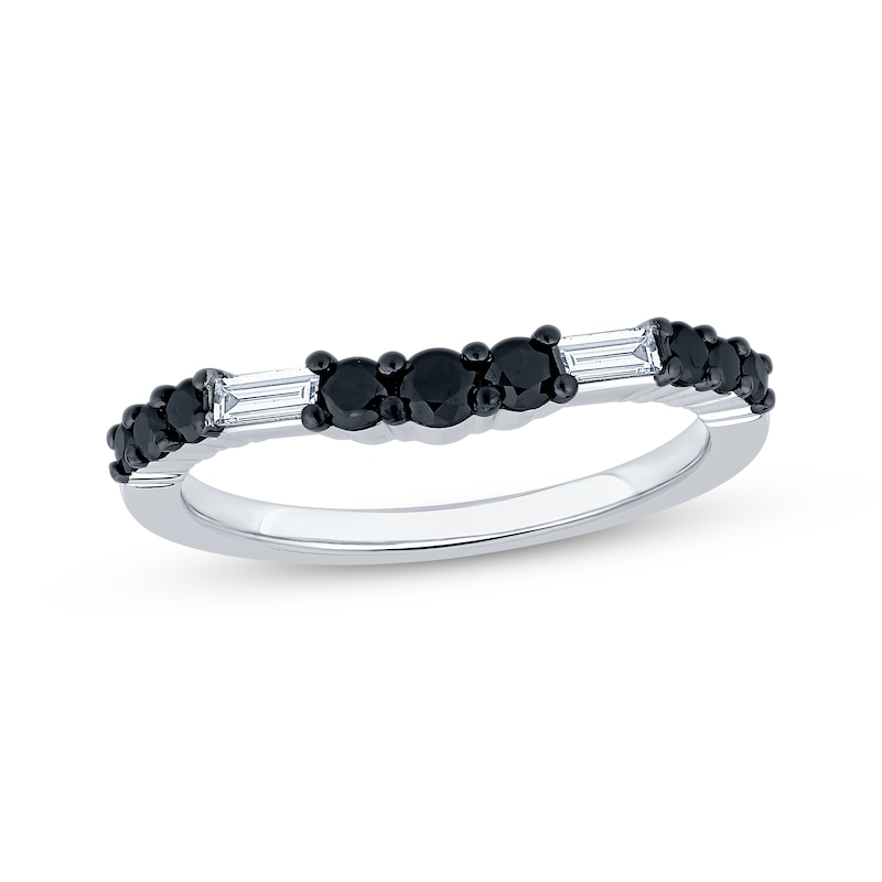 Main Image 1 of Now + Forever Baguette-Cut White Diamond & Round-Cut Black Diamond Contour Anniversary Ring 1/2 ct tw 14K White Gold