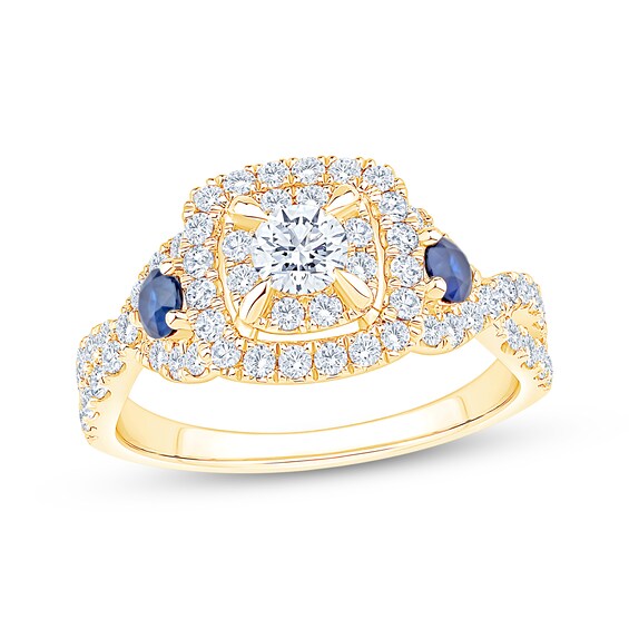 Now + Forever Round-Cut Diamond & Natural Blue Sapphire Engagement Ring 1 ct tw 14K Yellow Gold