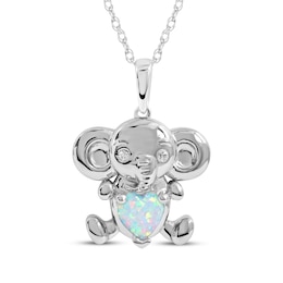 Heart-Shaped Lab-Created Opal & White Lab-Created Sapphire Elephant Necklace Sterling Silver 18"