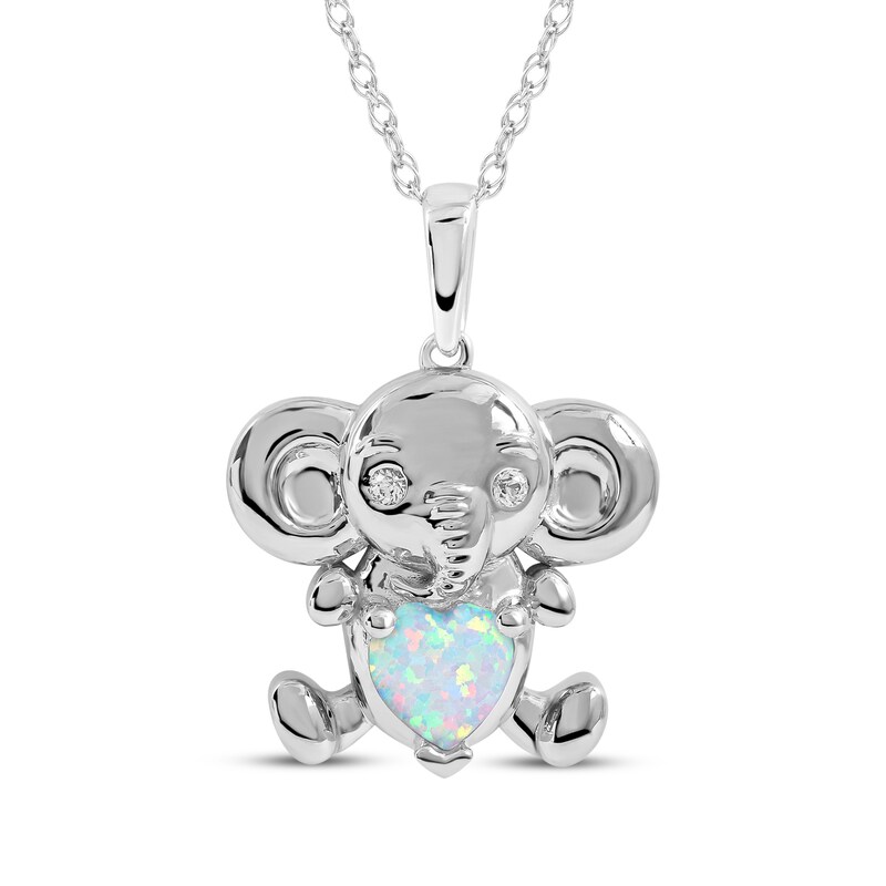 Main Image 1 of Heart-Shaped Lab-Created Opal & White Lab-Created Sapphire Elephant Necklace Sterling Silver 18&quot;