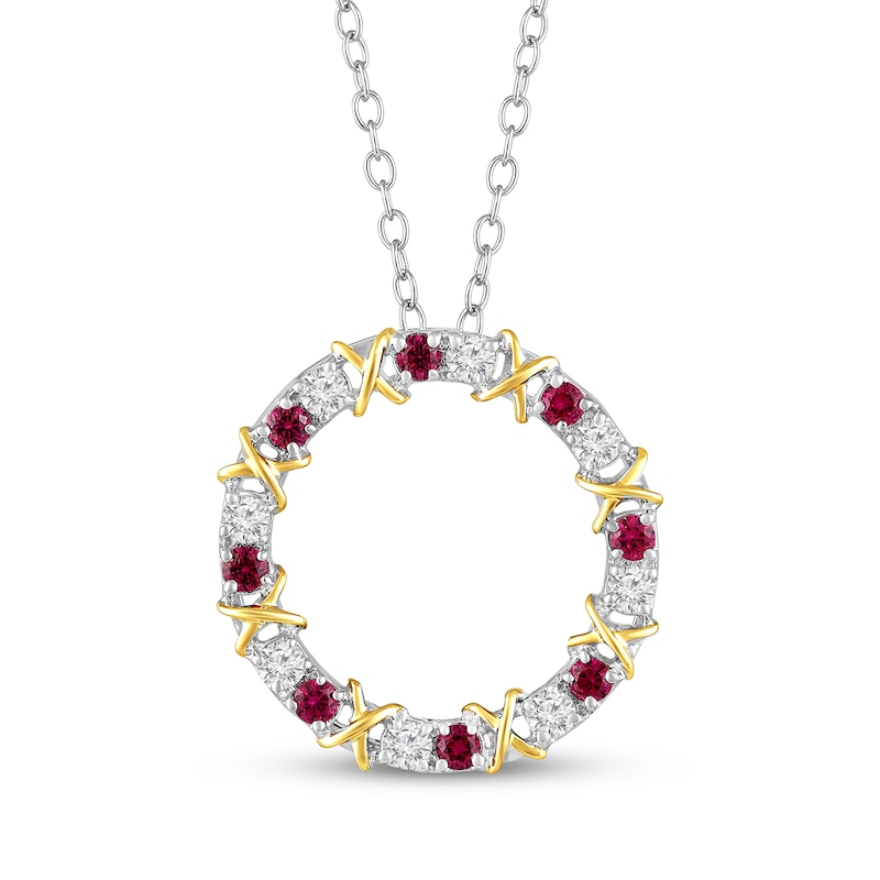 Main Image 1 of Lab-Created Ruby & White Lab-Created Sapphire Circle Necklace Sterling Silver & 10K Yellow Gold 18&quot;