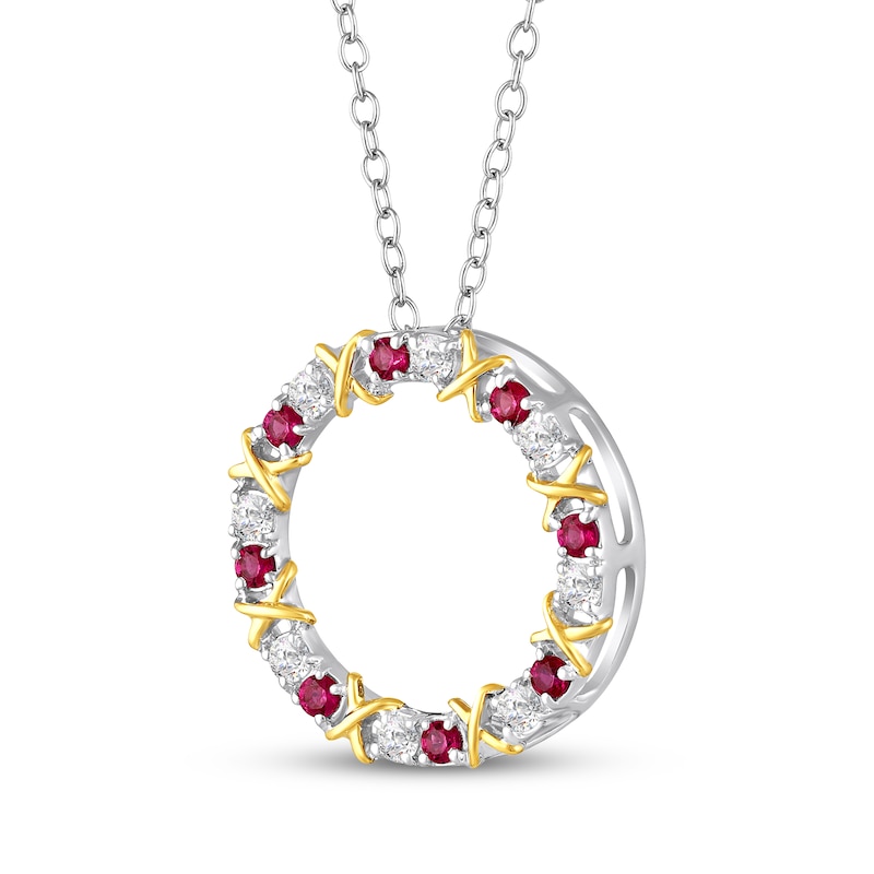 Main Image 2 of Lab-Created Ruby & White Lab-Created Sapphire Circle Necklace Sterling Silver & 10K Yellow Gold 18&quot;