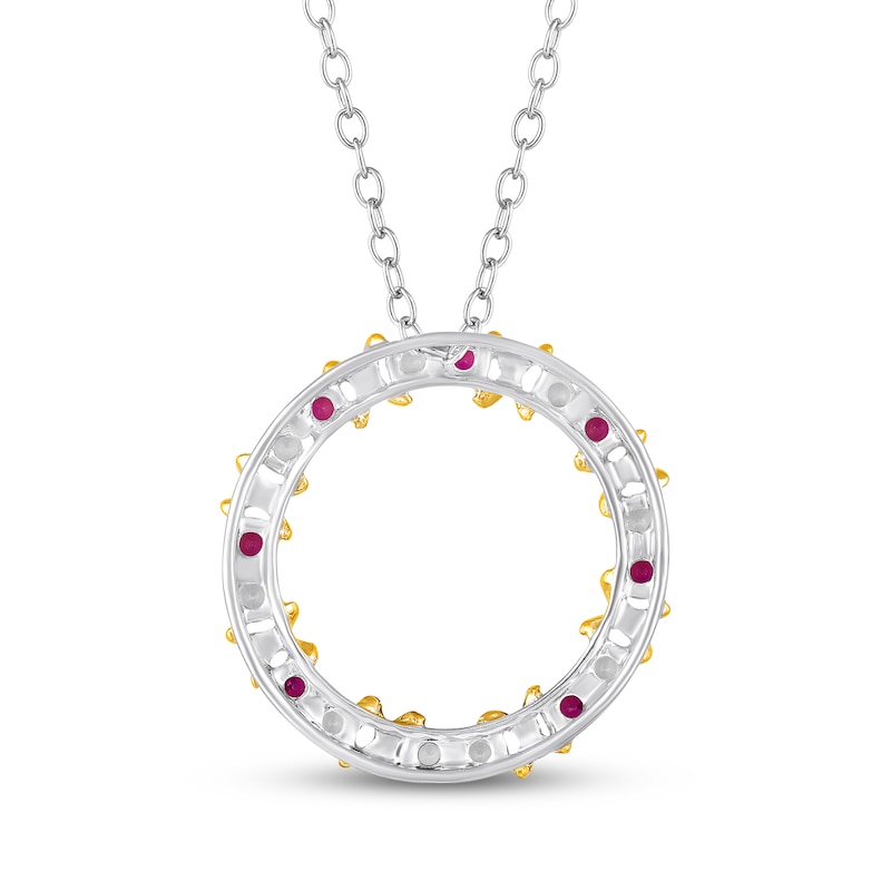 Main Image 3 of Lab-Created Ruby & White Lab-Created Sapphire Circle Necklace Sterling Silver & 10K Yellow Gold 18&quot;
