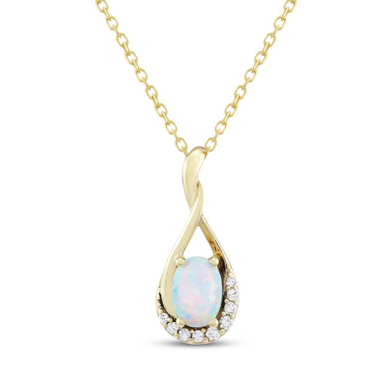 Oval-Cut Lab-Created Opal & Diamond Twist Necklace 1/15 ct tw 10K Yellow Gold 18"