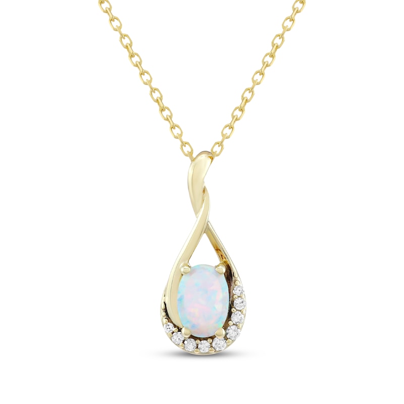 Main Image 1 of Oval-Cut Lab-Created Opal & Diamond Twist Necklace 1/15 ct tw 10K Yellow Gold 18&quot;